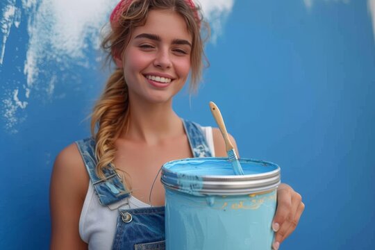 A carefree woman in a blue swimsuit smiles as she holds a paint bucket, ready to create her own colorful masterpiece in the tranquil outdoor setting