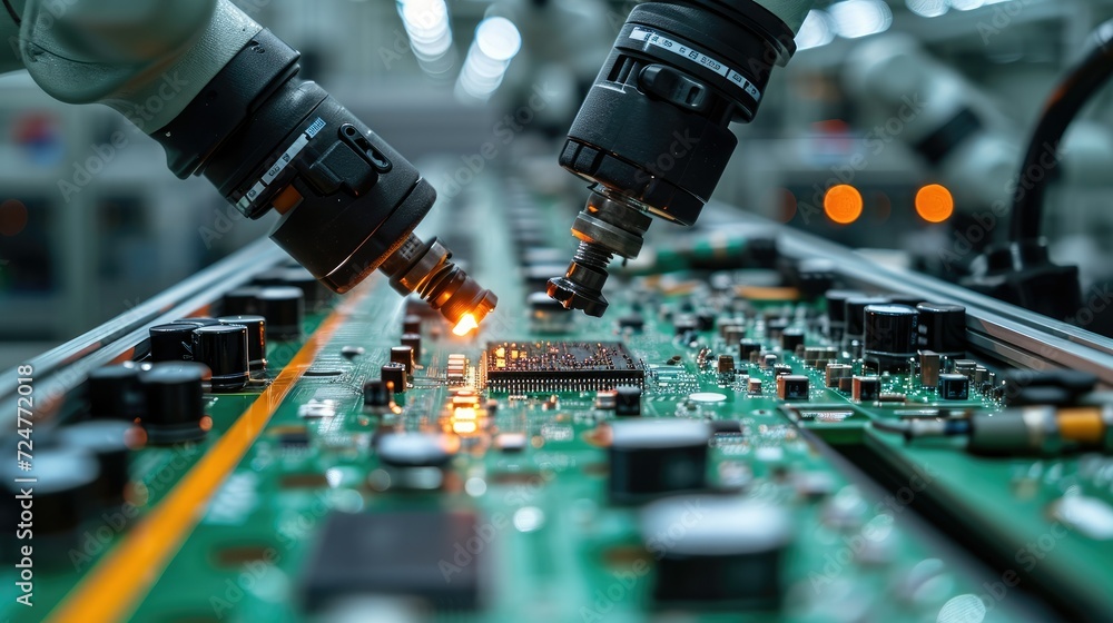 Poster Advanced High Precision Robot Arms on Fully Automated Assembly Line Inside Modern Electronics Factory, Electronic Devices Production Industry, Component Installation on Circuit Board. Generative AI.