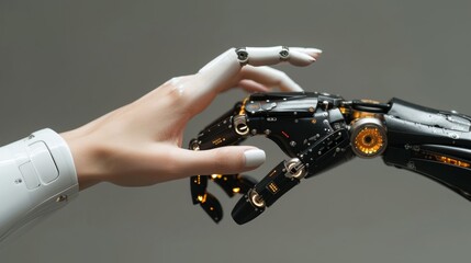 Artificial intelligence, machine learning, computers and robots touching each other while they are connected to big data networks, data exchange, deep learning, science and AI technology, innovation