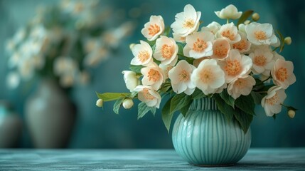 a close up of a vase with flowers in it on a table next to a vase with flowers in it and another vase with flowers in front of them in the background.