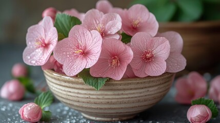  a close up of a bowl of flowers with water droplets on the ground and on the ground next to it is a potted plant with pink flowers and green leaves.
