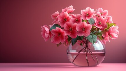  a vase filled with pink flowers sitting on top of a pink counter top next to a pink wall and a pink wall behind the vase is filled with pink flowers.