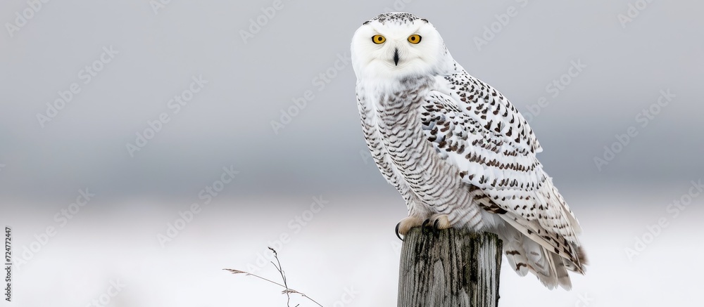 Wall mural A Snowy Owl, known as Bubo Scandiacus, stared with intense yellow eyes while perched on a post.