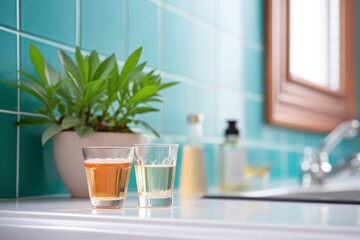 mouthwash near a green plant in a bathroom - obrazy, fototapety, plakaty
