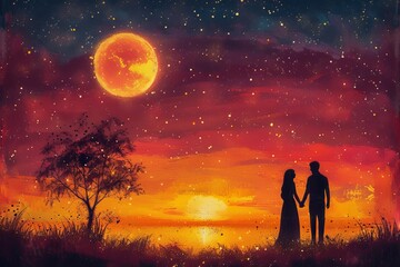 Two lovers embrace as the fiery sun sets behind them, the moon and stars above casting a dreamy silhouette against the darkening sky