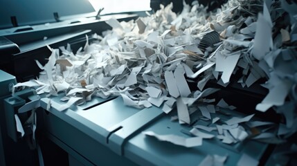 A machine shredding a bunch of papers. Can be used to depict document destruction, data security, or office equipment