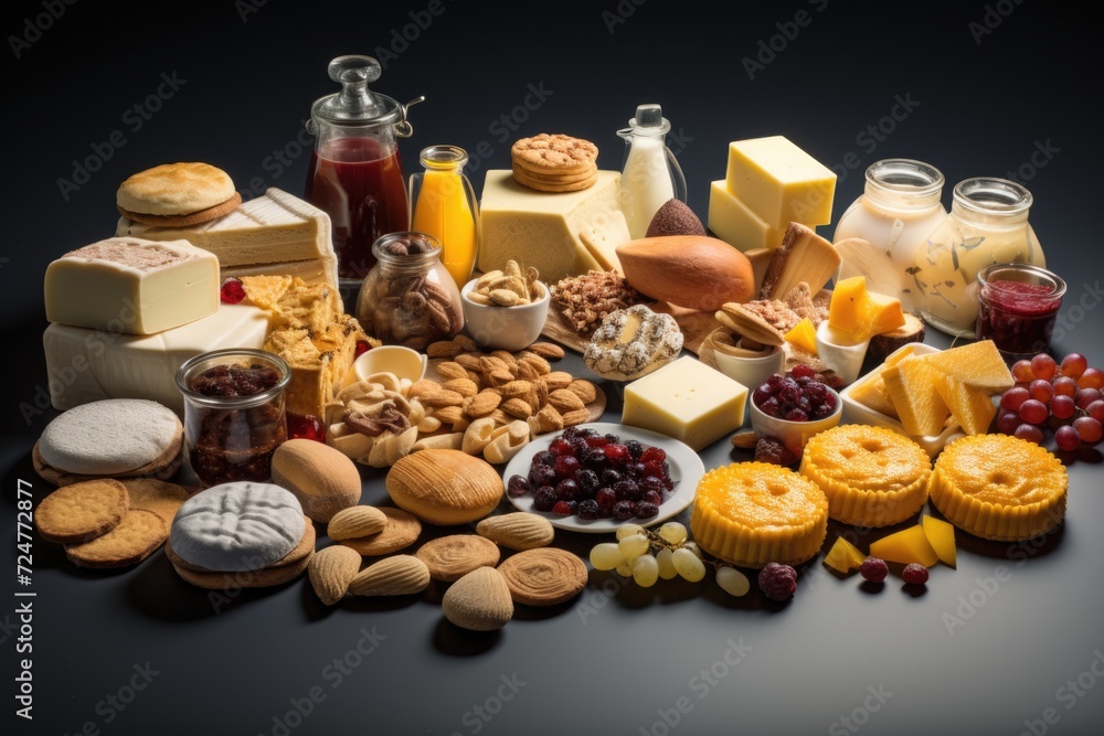 Poster a variety of food items displayed on a table. perfect for food and dining related projects