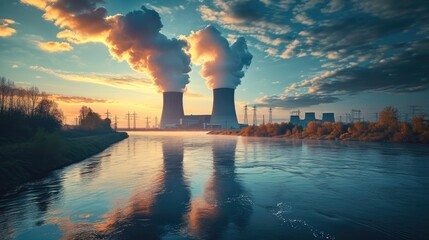 Nuclear power plant near the river, Thermal power station. Generative AI.