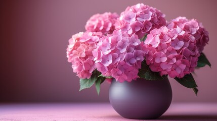  a purple vase filled with pink flowers on top of a pink tablecloth and a pink wall behind the vase is a dark purple vase with pink flowers in it.