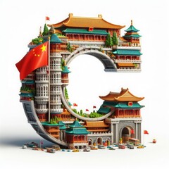 3d realistic letter of  capital city, real color of bullding with letter  and flag.with white background