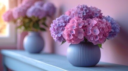  a couple of vases filled with purple flowers on top of a blue table next to another vase with purple flowers on top of a blue table next to a pink wall.