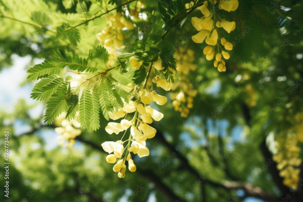 Poster A bunch of yellow flowers hanging from a tree. Can be used to add a pop of color to any project