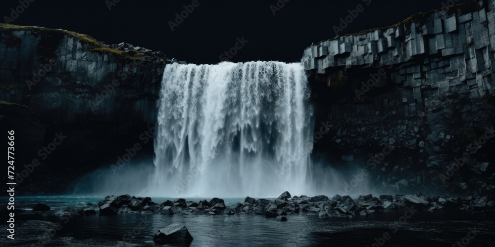 Poster a stunning waterfall against a dark sky backdrop. perfect for adding a touch of drama to any project
