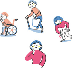 膝痛　将来は障碍者に？　セット　イラスト素材
