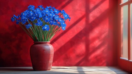  a vase filled with blue flowers on top of a wooden table next to a red wall with a red painted wall behind it and a red painted wall behind it.