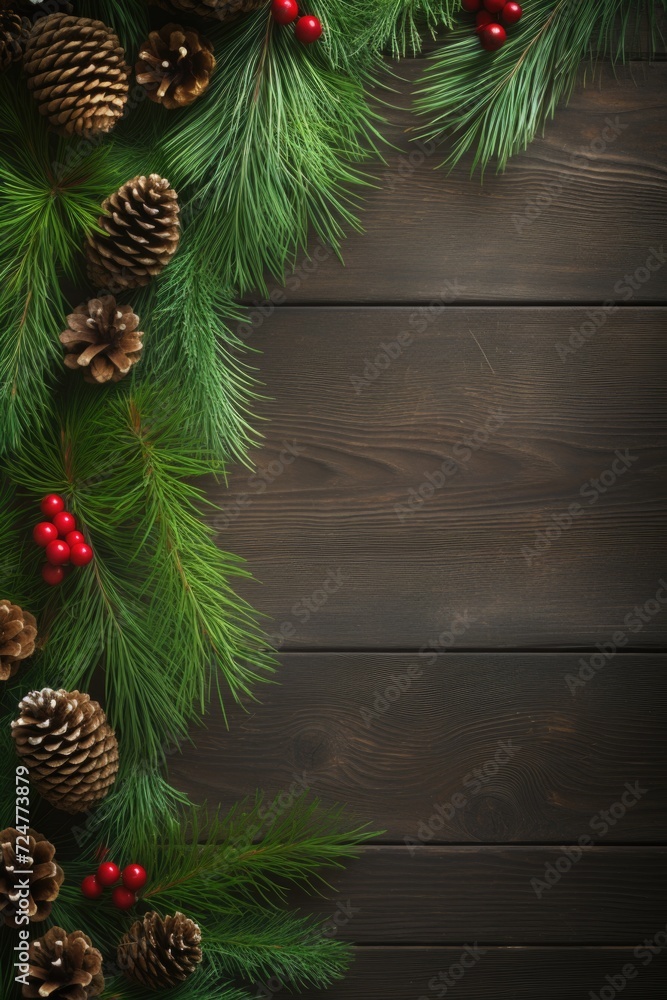 Poster pine branch with cones and berries on a rustic wooden background. perfect for nature-themed designs 