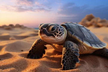 Poster Little sea turtle on the sandy beach © tribalium81