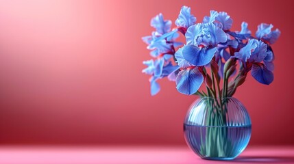  a vase filled with blue flowers on top of a pink table top next to a red wall and a pink wall behind the vase is a glass vase with blue flowers in it.