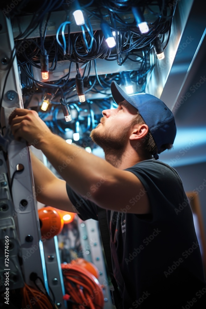 Poster a man wearing a blue hat is seen working on a machine. this image can be used to depict manual labor