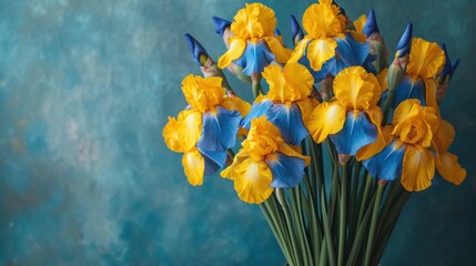 Obraz na płótnie Canvas a bouquet of yellow and blue flowers in a vase on a blue tablecloth with a blue wall behind it and a blue wall behind the vase with a bunch of blue and yellow flowers.