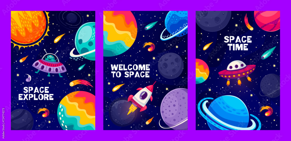 Aufkleber cartoon space landscape posters with vector alien character, rocket and ufo on starry galaxy backgro