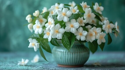  a vase filled with white flowers sitting on top of a blue tablecloth next to a green vase with white flowers on top of it and green leaves on the side of the vase.