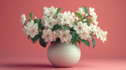  a vase filled with white flowers on top of a pink surface with a pink wall in the background and a pink wall behind the vase with white flowers in the middle.