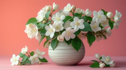  a vase filled with white flowers sitting on top of a pink counter top next to a green leafy plant on top of a white vase next to a pink wall.