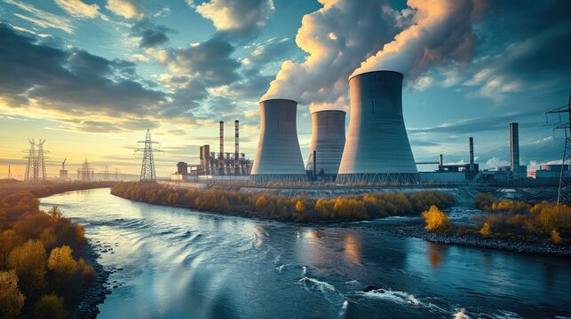 Nuclear power plant near the river, Thermal power station. Generative AI.