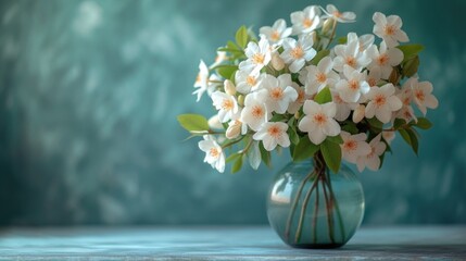  a vase filled with lots of white flowers on top of a wooden table with a blue wall in the background and a blue wall behind the vase with a bunch of white flowers.