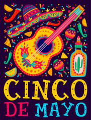 Cinco de Mayo mexican holiday poster. Hispanic culture celebration banner, traditional latin festival flyer or Mexican party vector background with guitar, sombrero, tequila and maracas, jalapeno