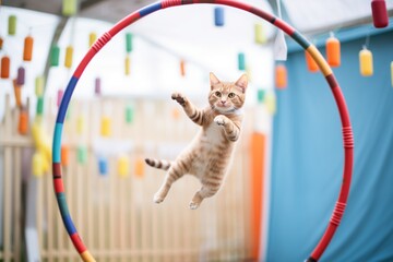 cat jumping through suspended hoops in a play area - obrazy, fototapety, plakaty