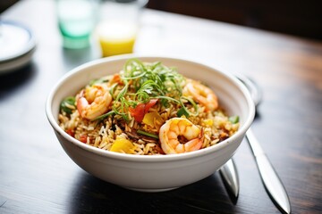 shrimp fried rice in a porcelain bowl