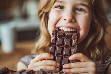 A young girl indulging in a delicious chocolate bar, savoring each bite as she holds it in her hand, her face filled with pure joy and satisfaction - obrazy, fototapety, plakaty