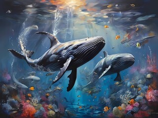Stunning marine sea life photo of whales swimming in oceans, bottom of the sea next to coral rief - obrazy, fototapety, plakaty