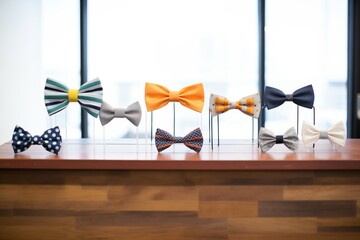 array of bow ties on a textured store display table with a modern look