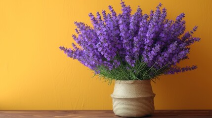  a vase filled with purple flowers sitting on top of a wooden table with a yellow wall in the background and a yellow wall behind the vase is holding a bunch of purple flowers.