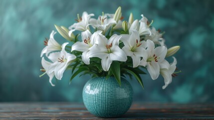  a blue vase filled with white flowers sitting on top of a wooden table in front of a green and blue wall behind a blue vase filled with white lilies.