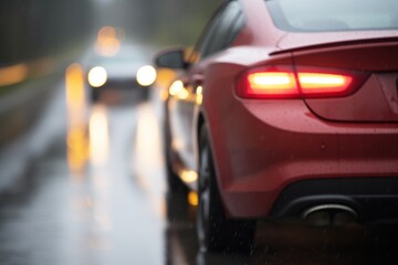 red taillights blurred on a wet highway - obrazy, fototapety, plakaty