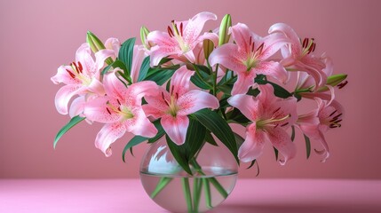  a vase filled with pink flowers sitting on top of a pink table next to a pink wall and a pink wall behind the vase is a vase with pink lilies in it.