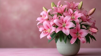  a vase filled with pink flowers sitting on top of a pink tablecloth covered table with a pink wall behind it and a pink wall in the background behind it.