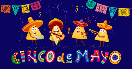 Naklejka premium Cartoon mexican nacho characters on Cinco de Mayo holiday party banner. Funny corn nachos mariachi musicians, vector tex-mex food personages with sombrero hats playing guitar, maracas and trumpet