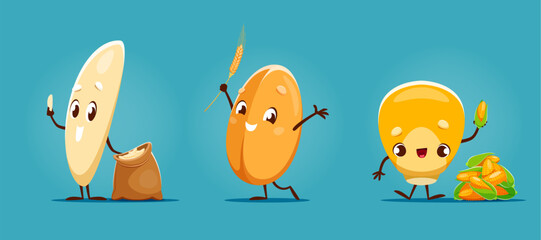 Wheat, rice and corn grain cartoon characters, happy funny cute cereal food, vector kids personages. Wheat and rice with flour bag, maize or sweetcorn kernel with corn cobs for snacks or food package