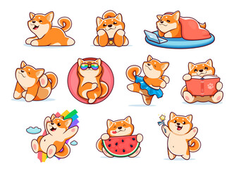 Cartoon japanese happy shiba inu dog characters, cute kawaii pet personages. Vector Japan dog or puppy animals posing with funny faces, shiba inu doggies sleeping, scratching ear, dancing and reading