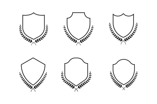 Medieval shields with laurel wreaths set. Trophy, awards, vintage insignia shields collection. Black color. Premium quality. Vector illustration isolated on white background