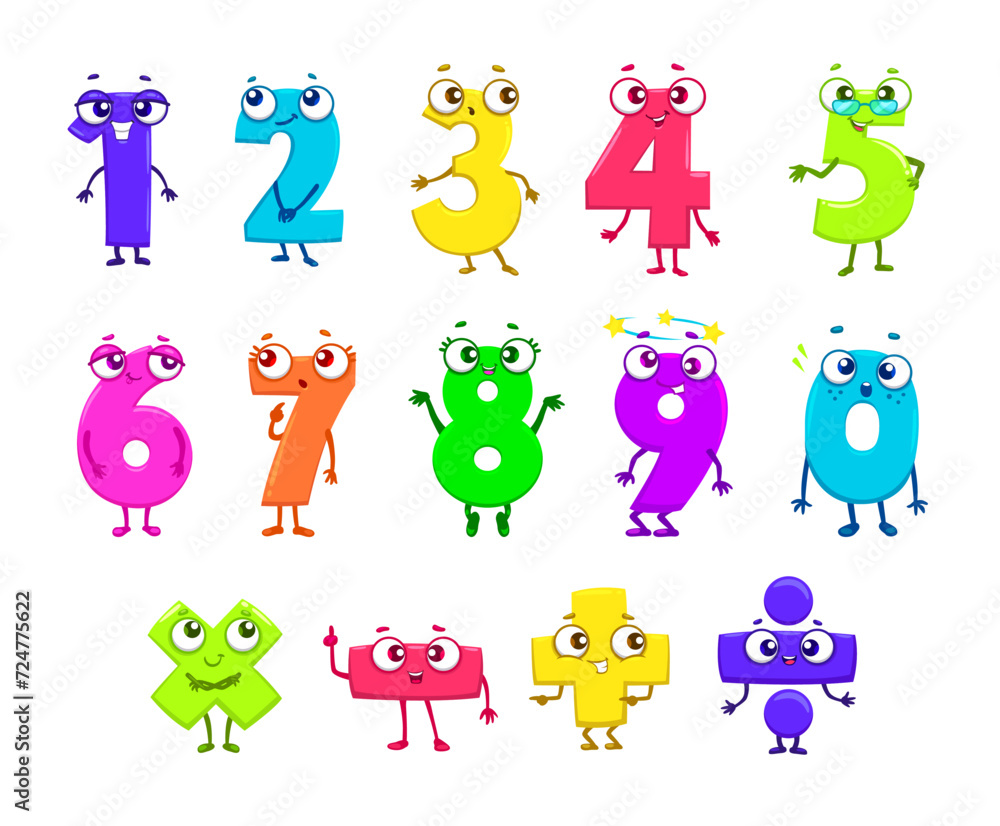 Poster cartoon funny math number characters. cute funny one, two, three, four and five. six, seven, eight n