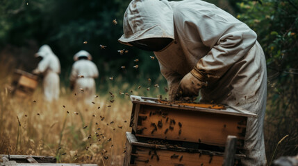 Beekeeper tending to a beehive demonstrating care for honey bees