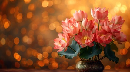  a vase filled with pink flowers sitting on top of a wooden table next to a gold and red wall with lights behind it and a blurry boke of lights in the background.