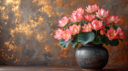  a vase filled with lots of pink flowers on top of a wooden table in front of a rusted wall with a painting of a gold foiled wall behind it.