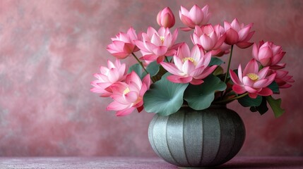  a vase filled with lots of pink flowers on top of a pink table next to a pink wall and a pink wall behind the vase with a bunch of pink flowers in it.
